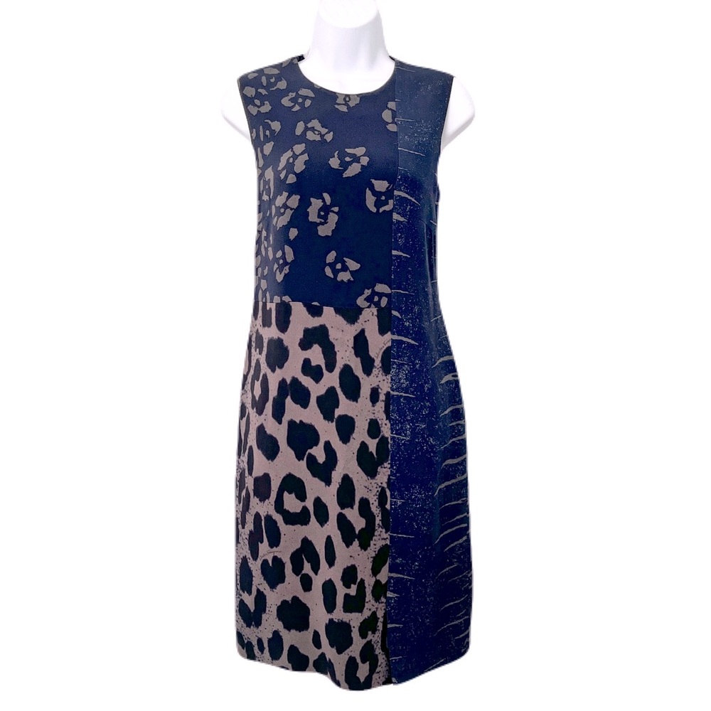 Salvatore Ferragamo Navy & Taupe Mixed Animal Print Sleeveless Dress, Size 40